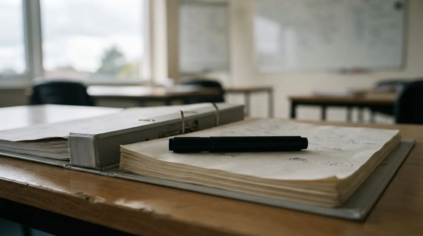 Un feutre pour tableau blanc posé en travers d'un classeur à levier ouvert, sur une table de salle de formation