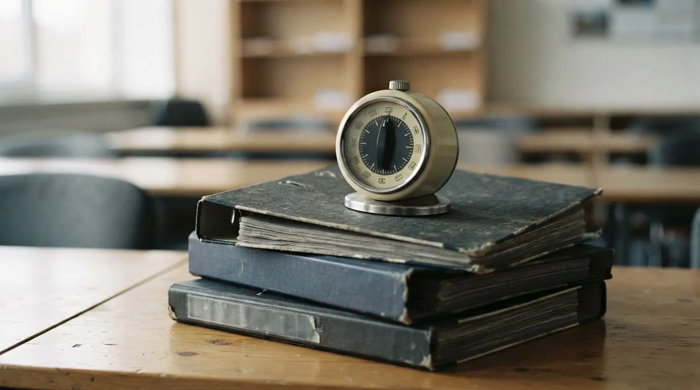 Un minuteur de cuisine mécanique posé sur une pile de classeurs à levier, dans une salle de formation vide