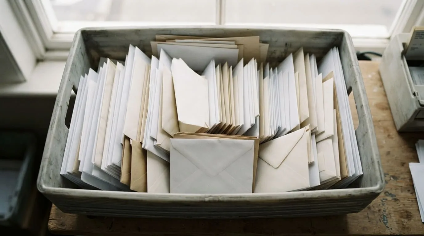 Un bac de tri postal gris rempli d'enveloppes fermées et vierges, vu de dessus, lumière de bureau