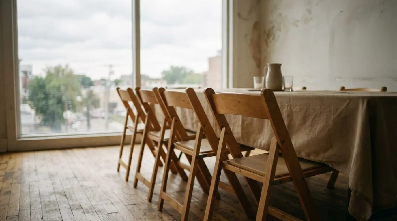 Salle de réunion vide après une assemblée, chaises pliantes alignées devant une table nappée
