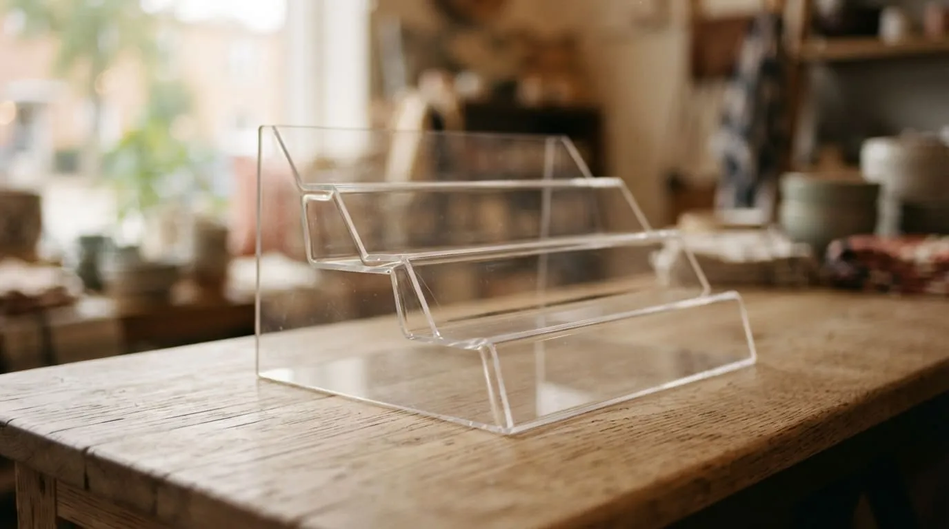 Un présentoir en plexiglas vide posé sur un comptoir de bois clair, porte-carte transparent sans document dedans