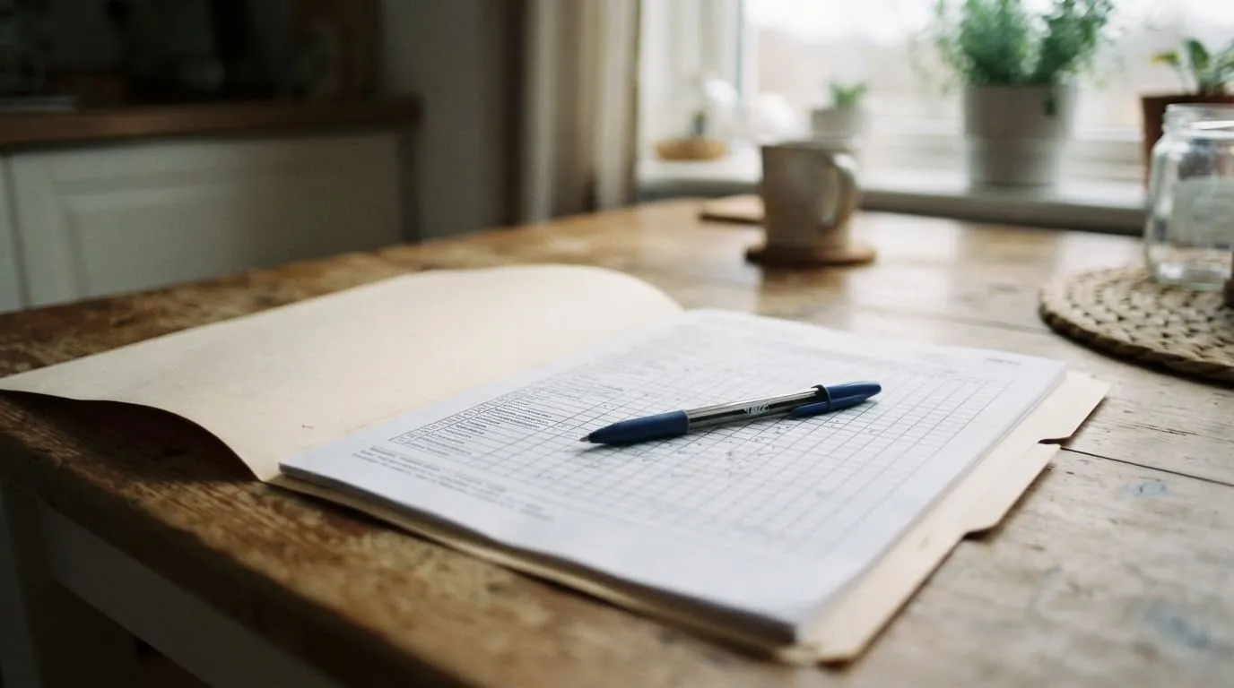 Un dossier imprimé posé sur une table de cuisine, ouvert sur une page de tableau, avec un stylo posé en travers