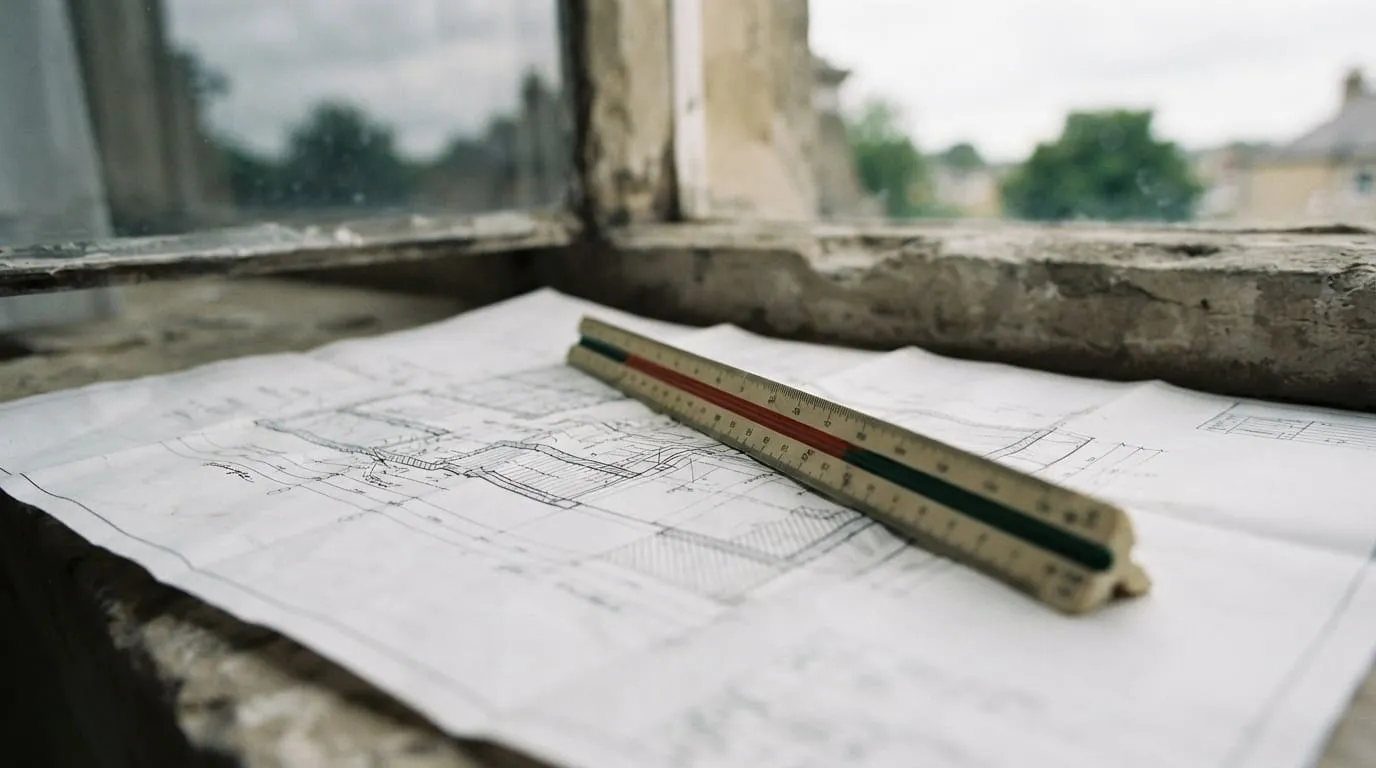 Une règle d’architecte triangulaire posée sur un plan de niveau déplié, sur un appui de fenêtre en pierre