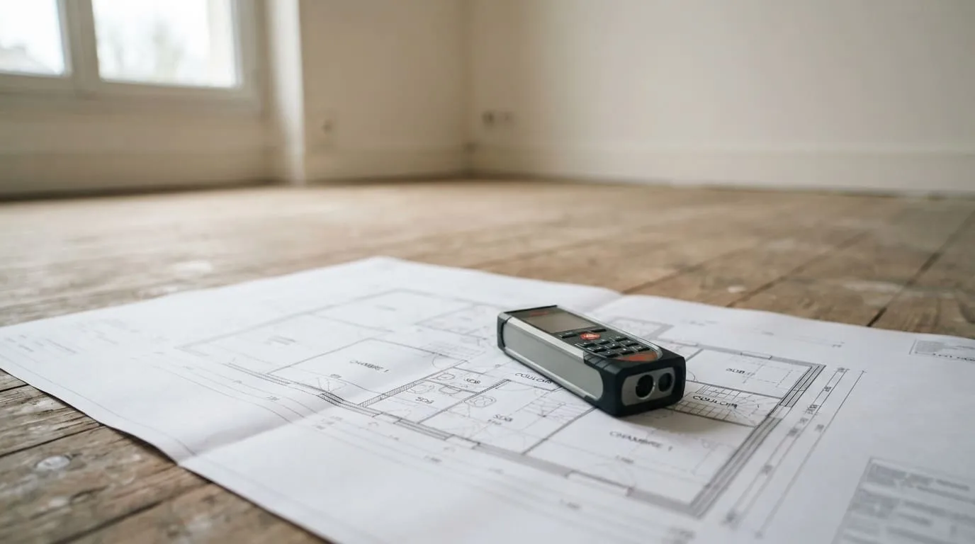 Un télémètre laser posé sur un plan de maison imprimé, dans la lumière rasante d'une pièce vide