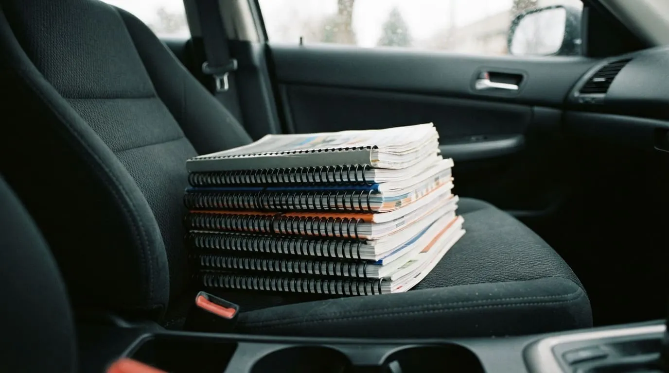 Une pile de dossiers imprimés à spirale, tranche visible, posée sur le siège passager d'une voiture