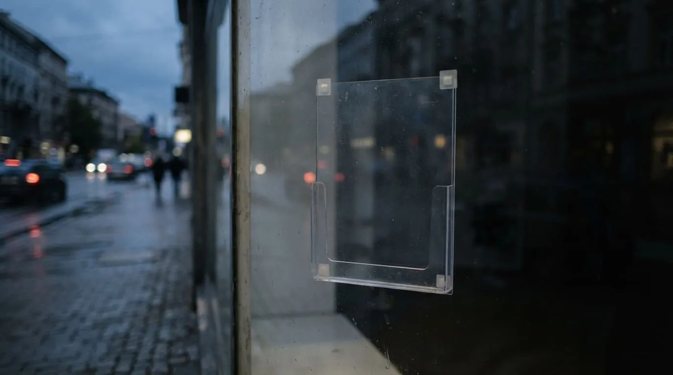 Un porte-affiche plastique transparent format A4 fixé à l'intérieur d'une vitre d'agence, vide