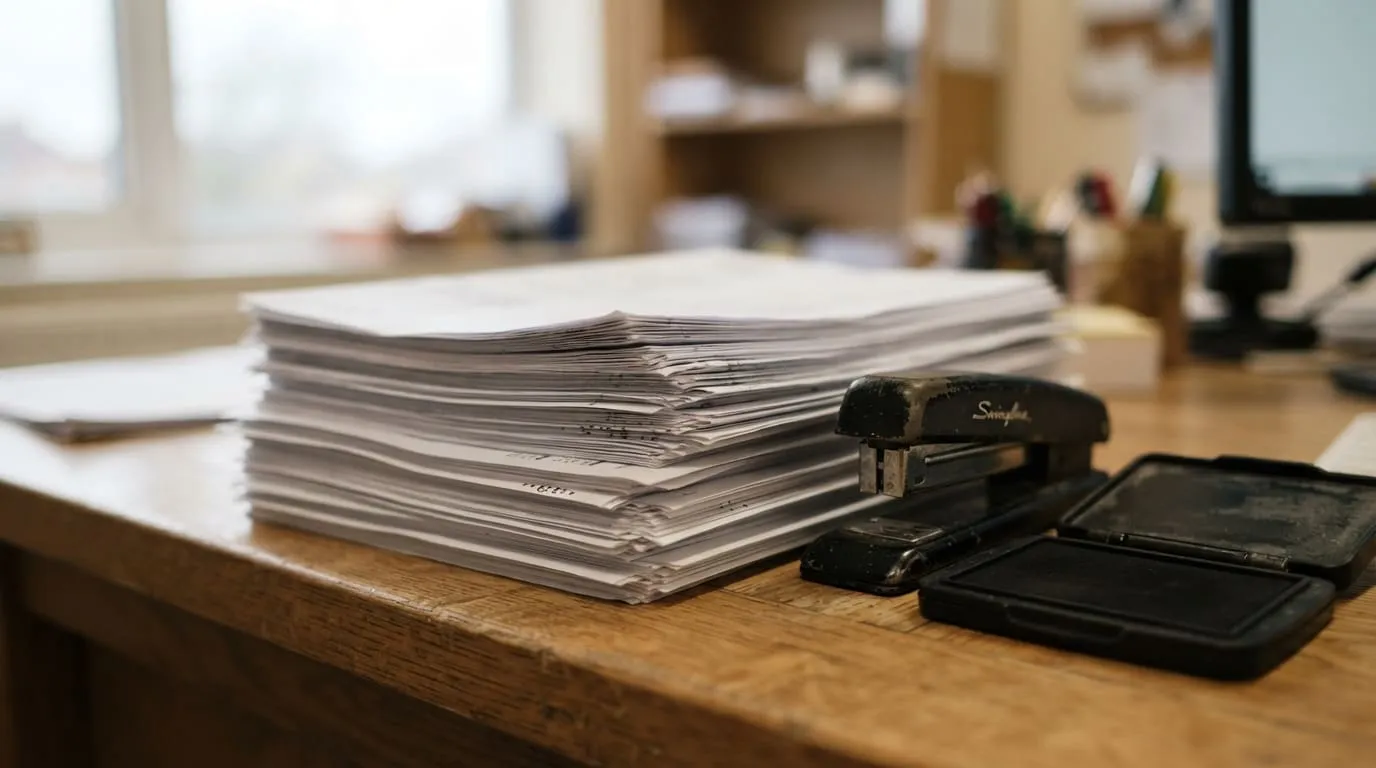 Une pile de feuilles A4 imprimées empilées sur un bureau à côté d'une agrafeuse et d'un tampon encreur