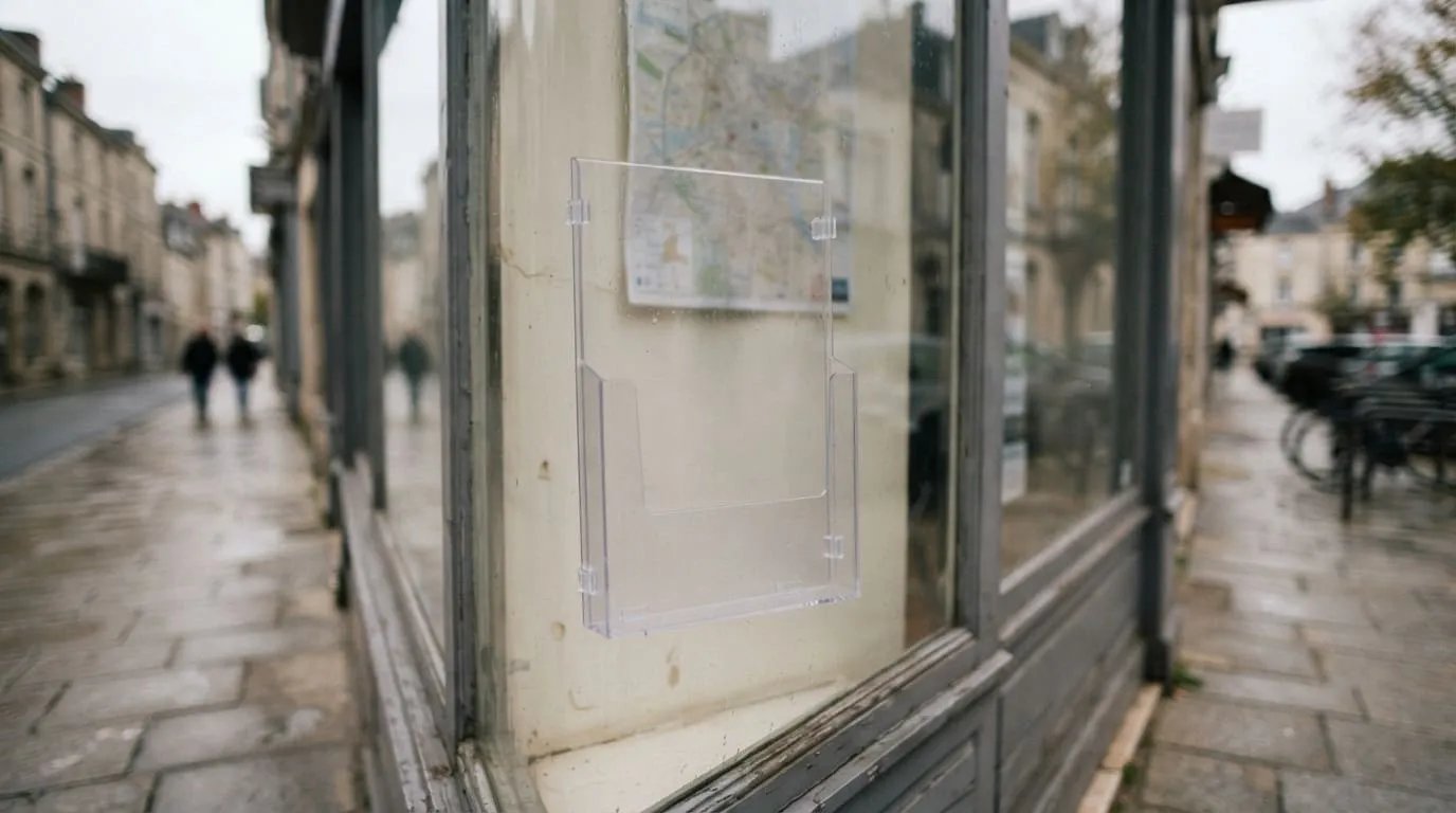 Porte-affiche transparent fixé derrière la vitre d'une agence immobilière, vu depuis le trottoir