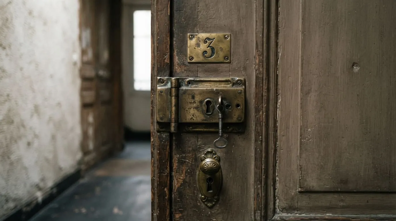 Une porte palière de logement ancien avec sa serrure à gorges et son numéro de lot gravé sur une plaque de laiton