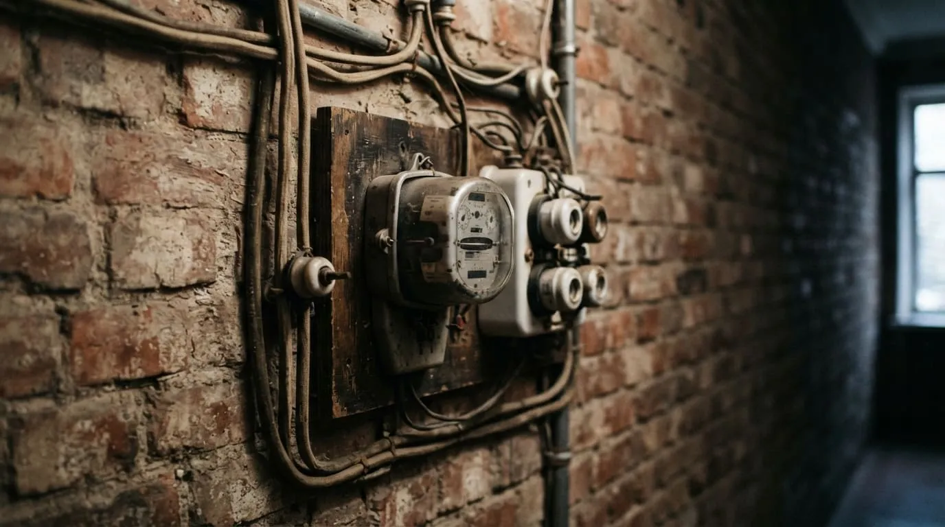 Un compteur électrique ancien et son tableau de plombs dans un couloir d'immeuble en brique.