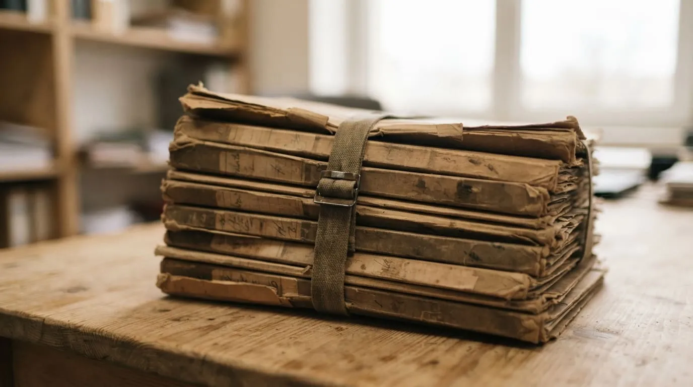 Une pile de chemises cartonnées à sangle, tranches usées et cornées, posée en biais sur un bureau de bois clair