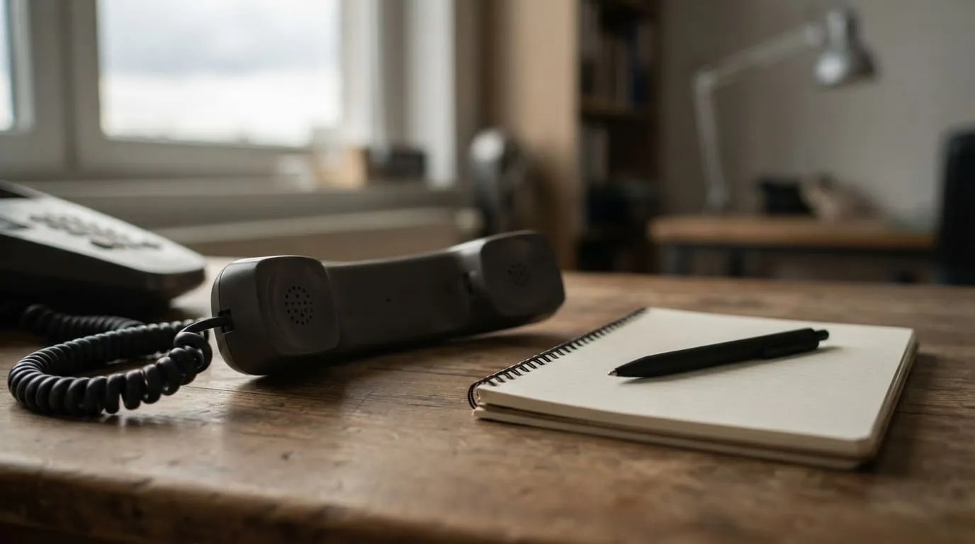 Un combiné de téléphone fixe décroché, posé à plat sur un bureau à côté d’un bloc-notes vierge et d’un stylo