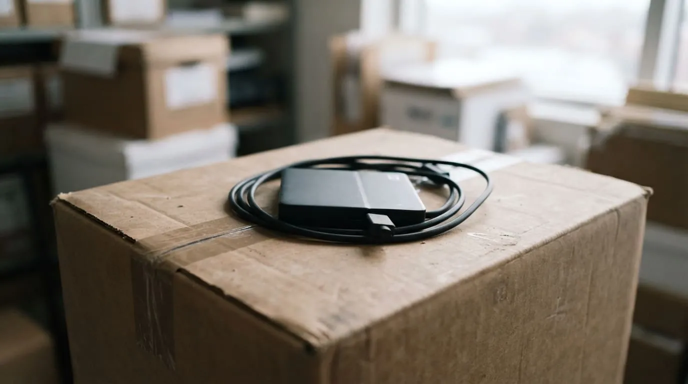 Un disque dur externe débranché, son câble enroulé, posé sur un carton d’archives fermé et scotché