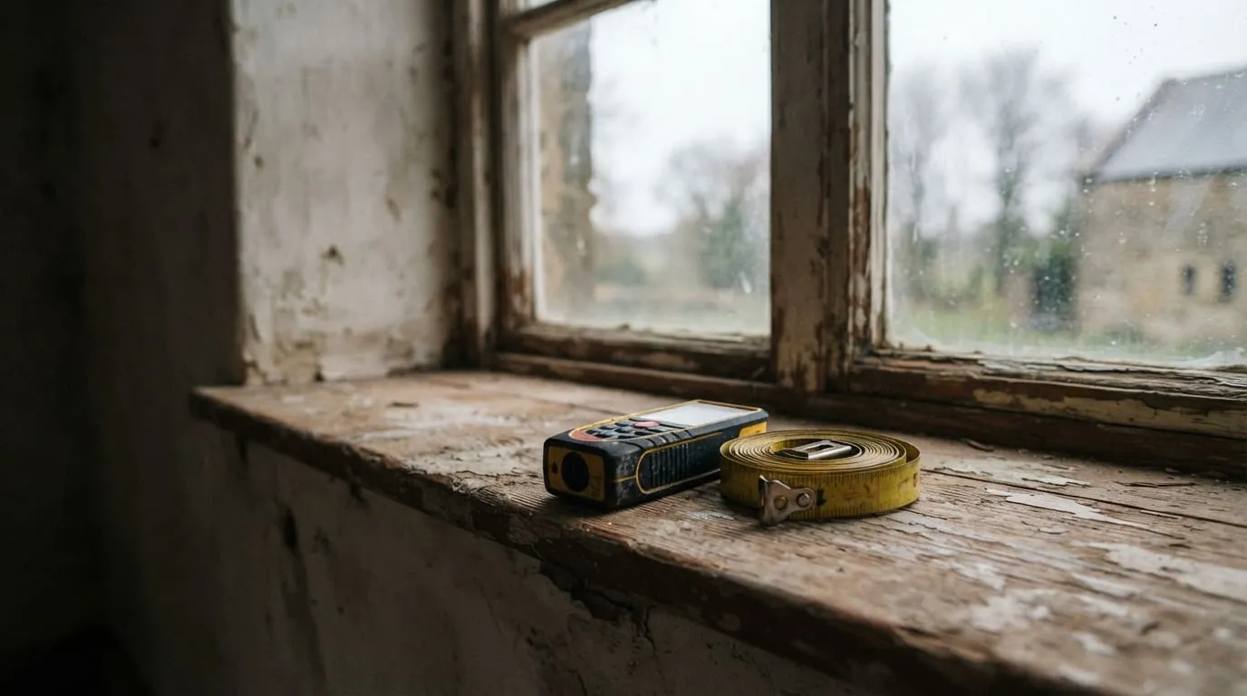 Un télémètre laser posé sur le rebord d’une fenêtre en bois écaillé, dans une pièce vide, un mètre ruban enroulé à côté