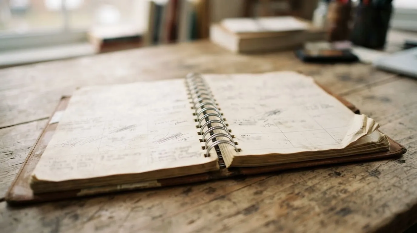 Un agenda de bureau ouvert à plat sur une table en bois, spirales métalliques, coin de page corné, aucun texte lisible