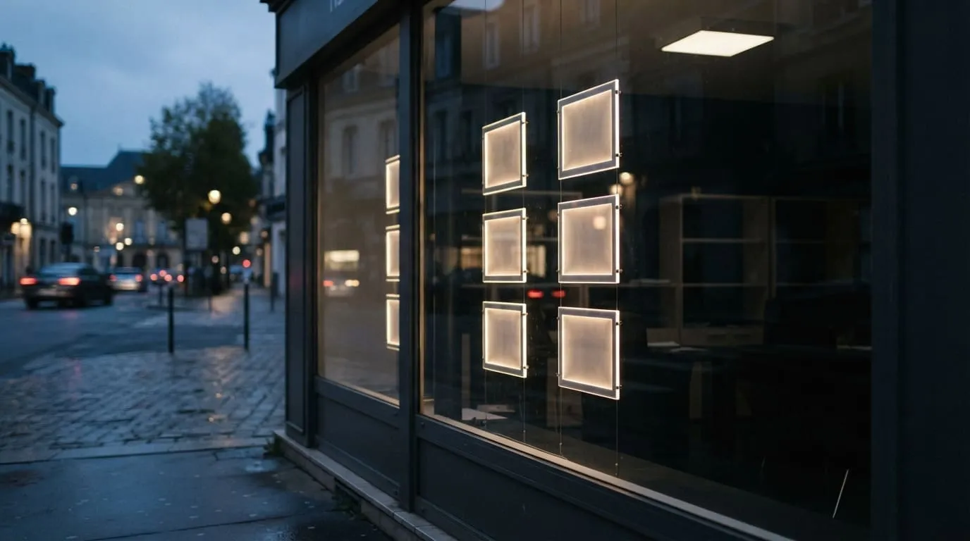 Vitrine d’agence immobilière éclairée le soir, porte-affiches vides sur la vitre