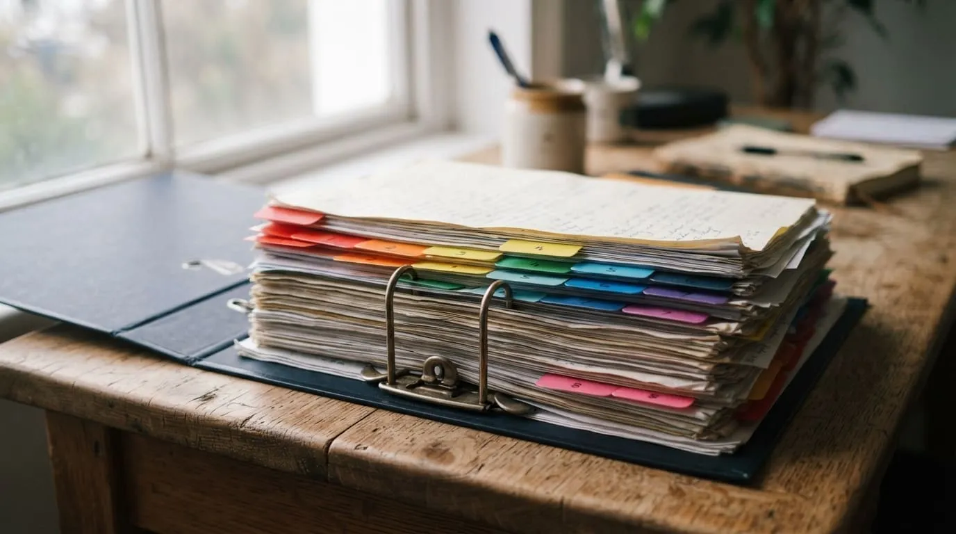 Un classeur à levier ouvert sur une table, intercalaires de couleur, feuillets serrés, lumière de bureau