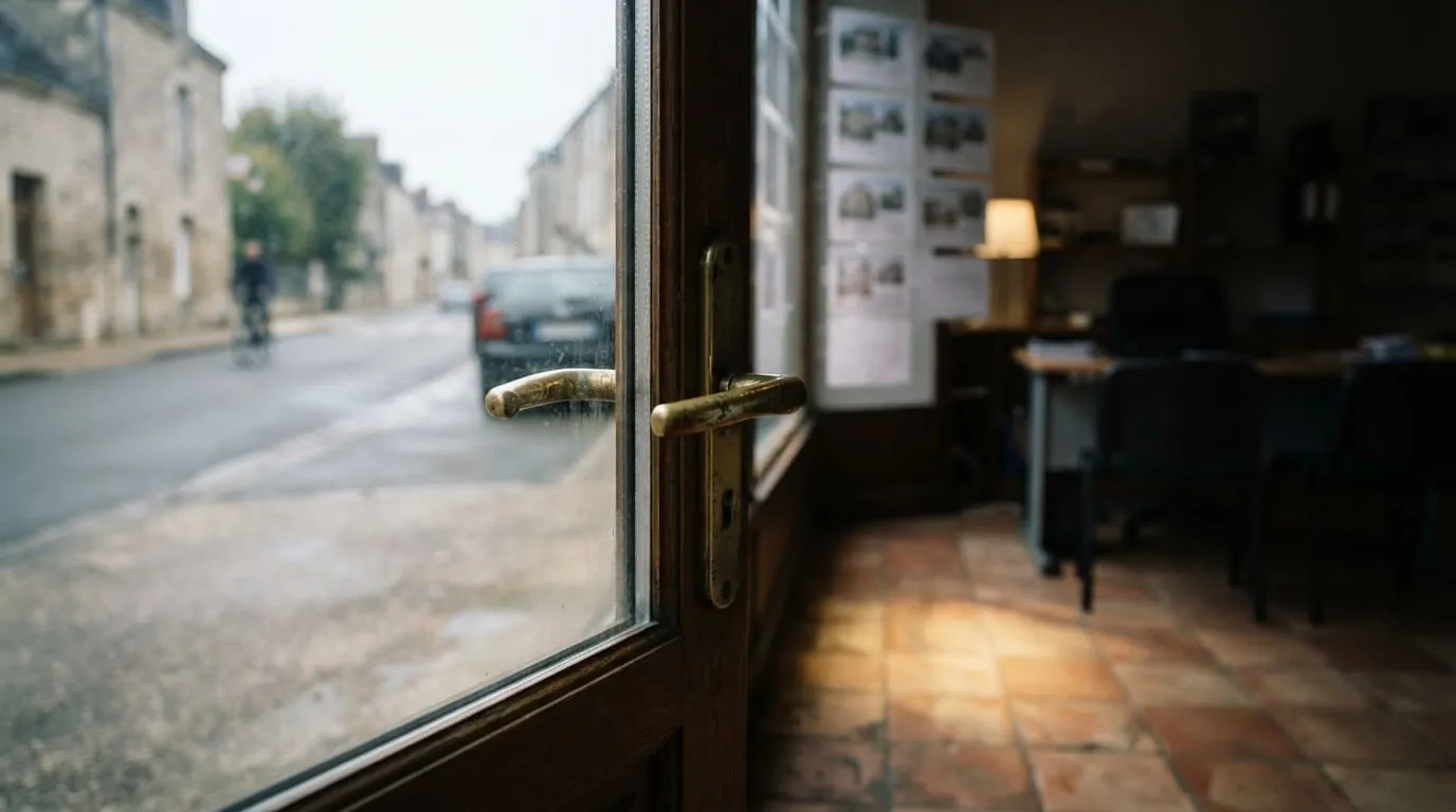 Porte vitrée d’une agence immobilière vue de l’intérieur au petit matin, poignée en laiton, lumière rasante sur le sol
