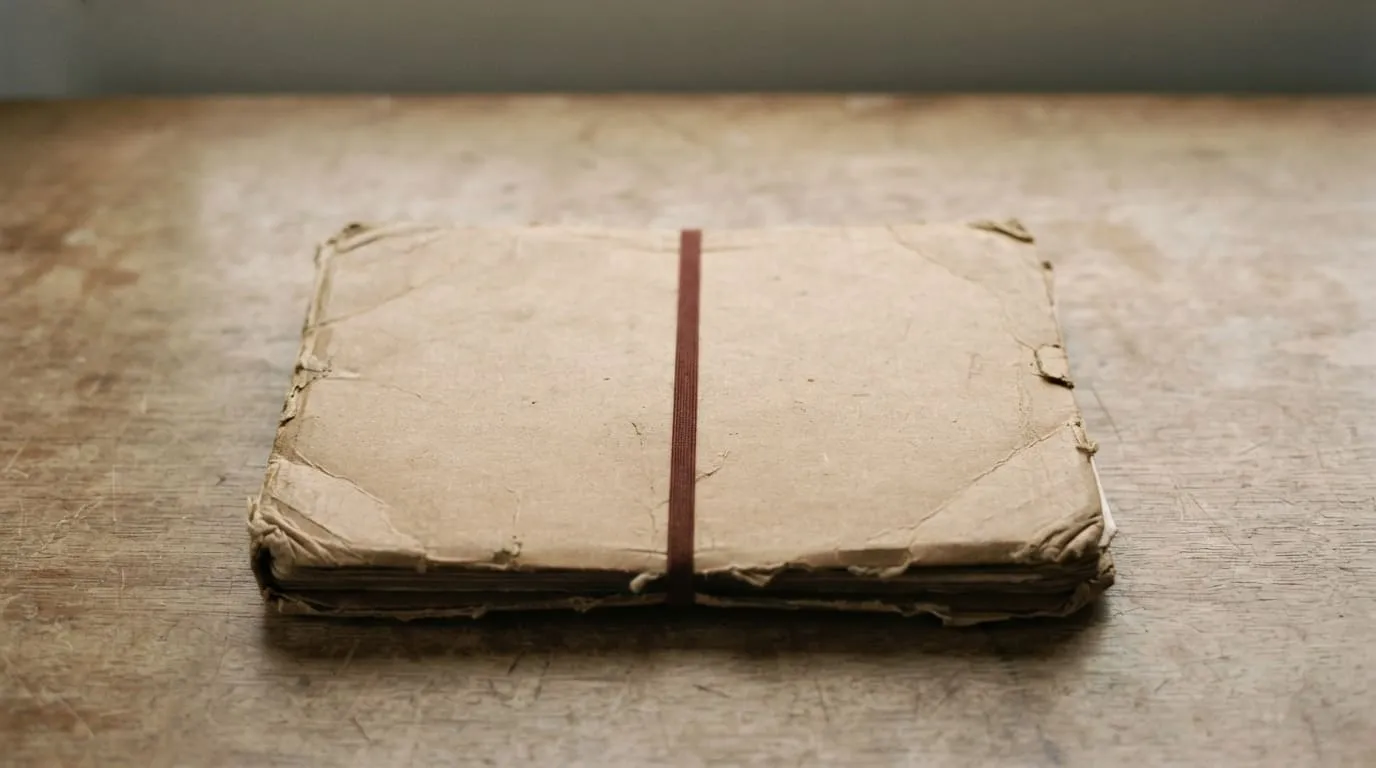 Chemise cartonnée à sangle fermée, posée à plat sur un plateau de bureau vide, coins usés, sans étiquette