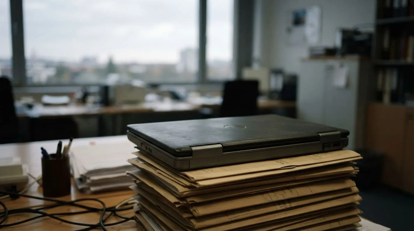 Un ordinateur portable fermé posé sur une pile de dossiers cartonnés, dans un bureau vide en fin de journée