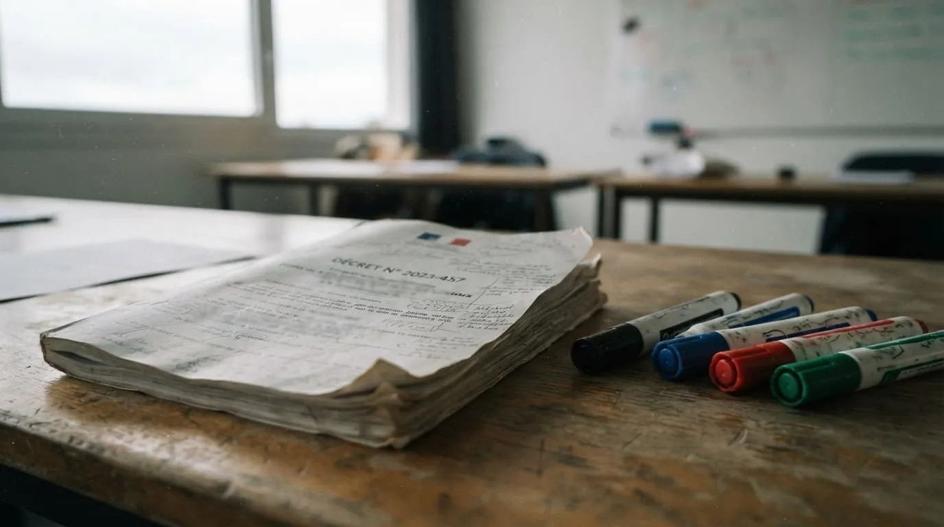 Un exemplaire papier du décret du 18 février 2016, corné et annoté au crayon, posé sur une table de salle de formation