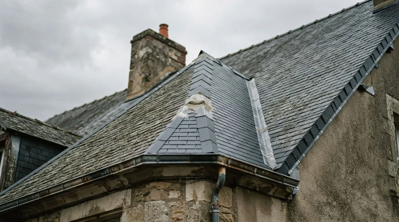 Toiture d’ardoises vue en contre-plongée, avec un faîtage repris et des ardoises de teintes différentes