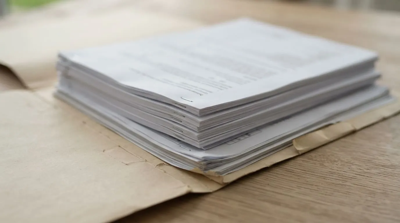 Une pile de feuillets A4 agrafés par jeux, coins alignés, posée à plat sur une table claire