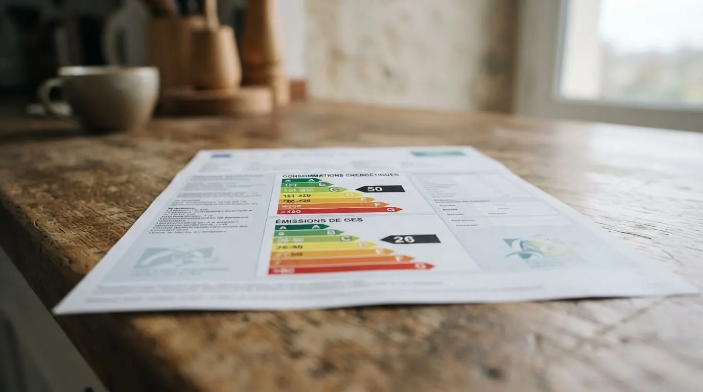 Une fiche de bien imprimée posée sur un comptoir, ses deux réglettes de couleur énergie et climat bien visibles