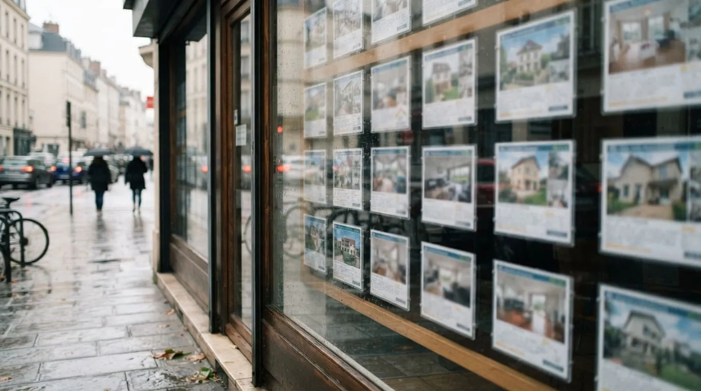 Une vitrine d'agence immobilière vue de la rue, ses fiches de biens alignées derrière le verre
