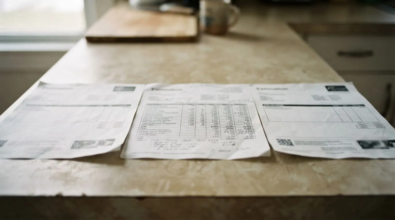 Trois feuilles d'estimation imprimées étalées côte à côte sur une table de cuisine en formica, dont une seule porte