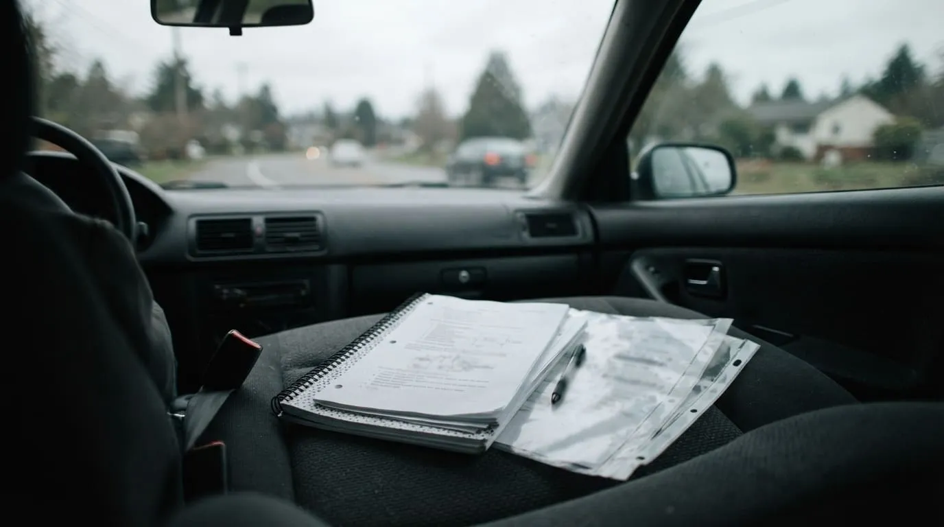 Un dossier imprimé à spirale posé sur le siège passager d’une voiture, à côté d’une pochette plastique transparente
