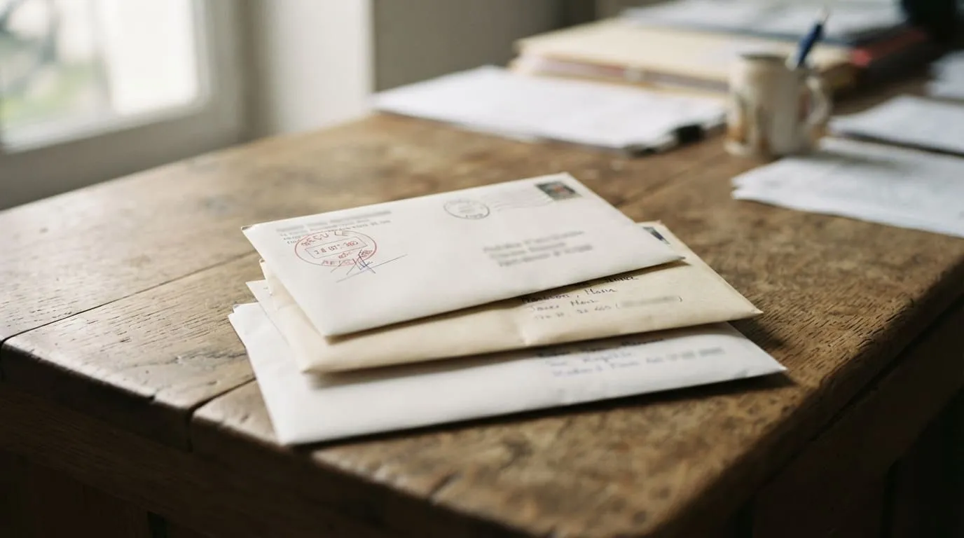 Trois enveloppes de courrier professionnel non ouvertes, empilées sur un plan de travail, l’une portant un tampon