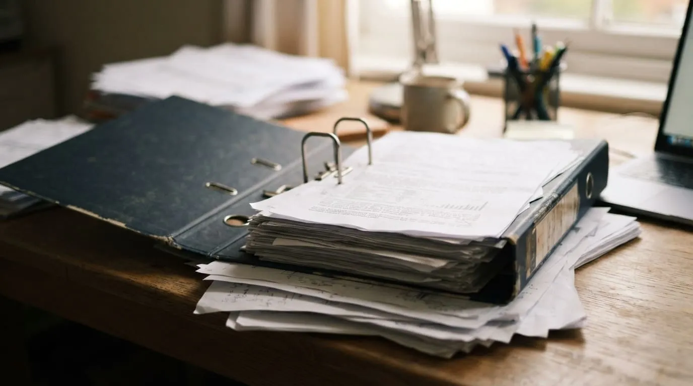 Un classeur à levier ouvert sur une pile de feuillets imprimés, posé sur un bureau, aucun texte lisible
