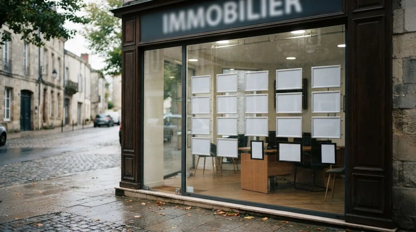 Vitrine d'agence immobilière vue depuis le trottoir, cadres d'affichage vides derrière la vitre