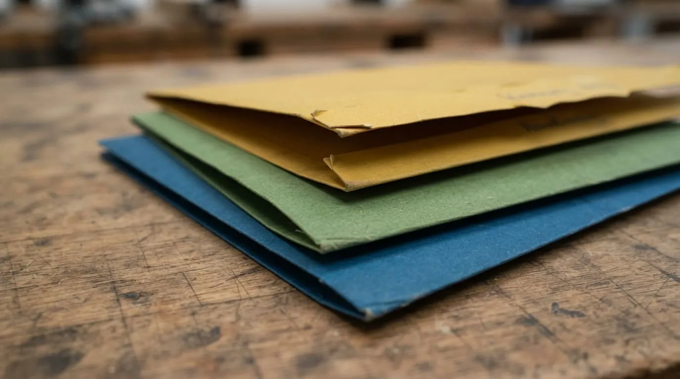 Trois chemises cartonnées de couleurs différentes, entrouvertes et empilées en décalé sur un plan de travail en bois