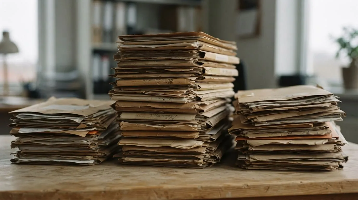 Trois piles de dossiers d’épaisseurs inégales sur un bureau, en lumière rasante