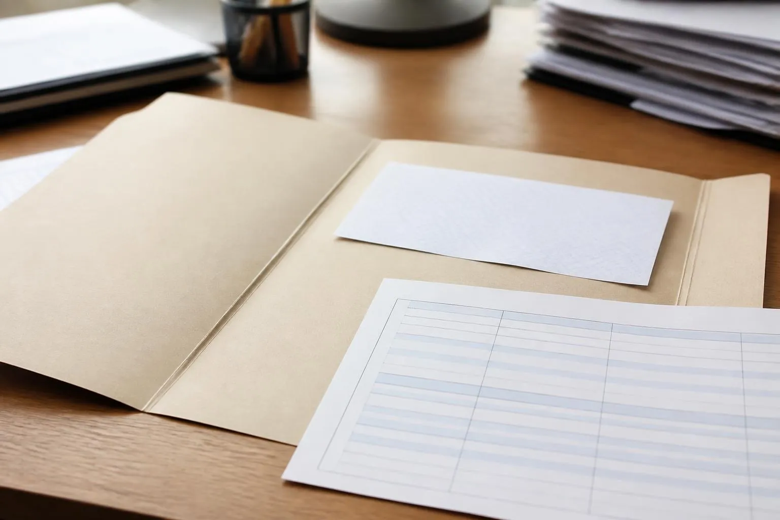 une chemise cartonnée ouverte, un extrait K bis et un relevé bancaire posés dessus, sur un bureau de bois