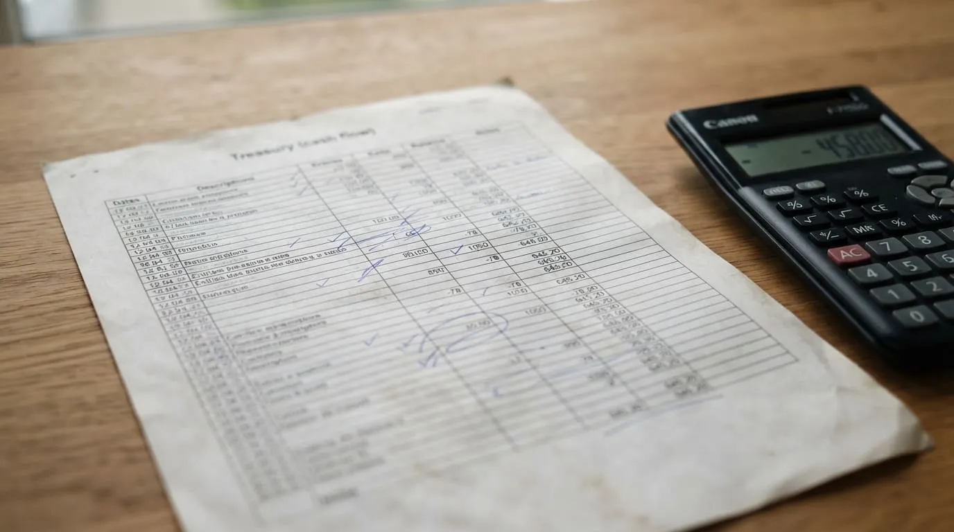 Un tableau de trésorerie imprimé sur une feuille A4, annoté au stylo bleu, posé sur un bureau à côté d'une calculatrice