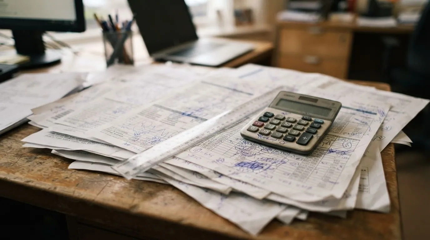 Relevés de prix immobiliers imprimés et annotés au stylo sur un bureau d’agence